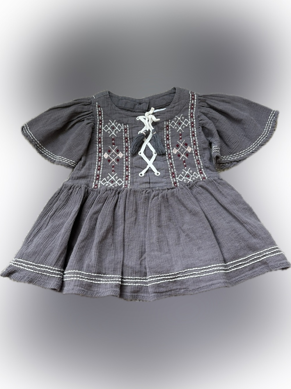 Shabby Chic Gray Embroidered Peasant Dress with Lace-Up Front